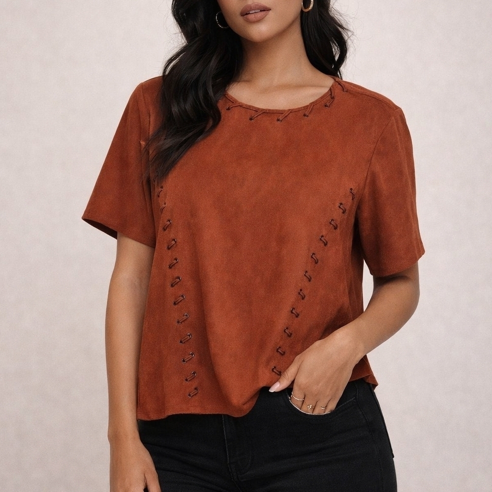 MOON RIVER Burnt Orange Faux Suede Lace-up Western Cowgirl Rodeo Shirt